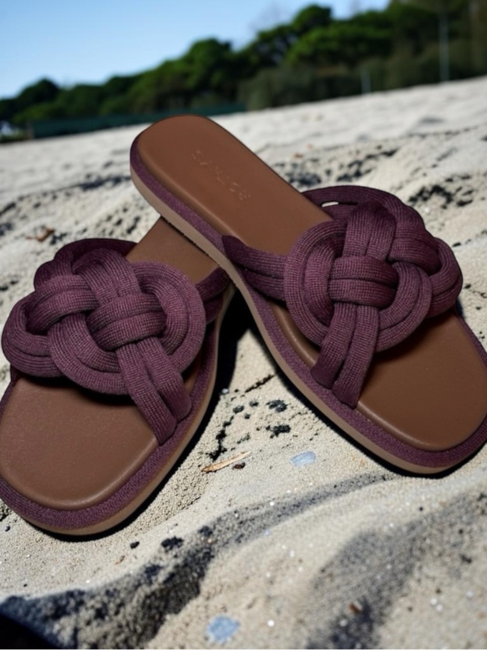 Rothy's Braided Knot Slide Sandals in Plum and Brown